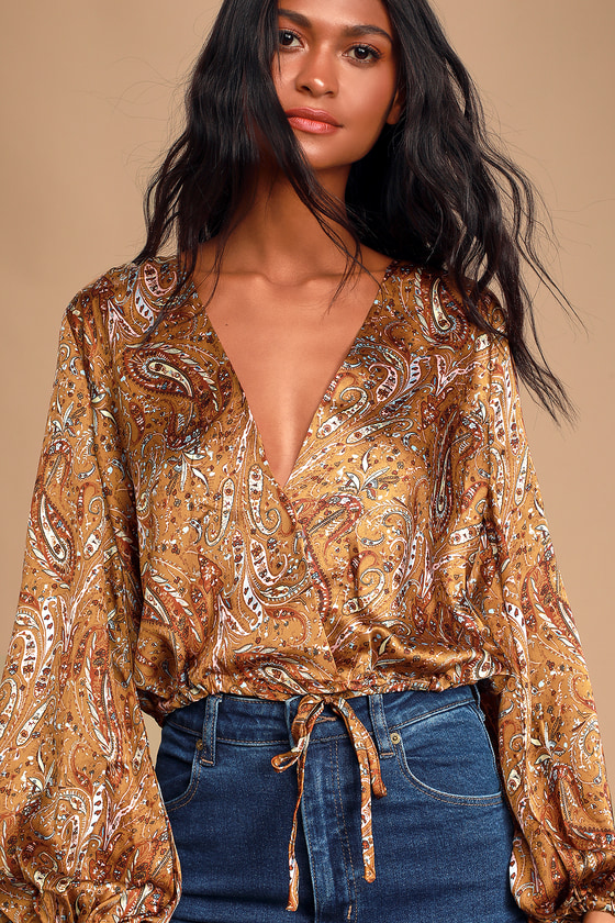 Pinch Brown Paisley Blouse - Long Sleeve Top - Surplice Blouse - Lulus