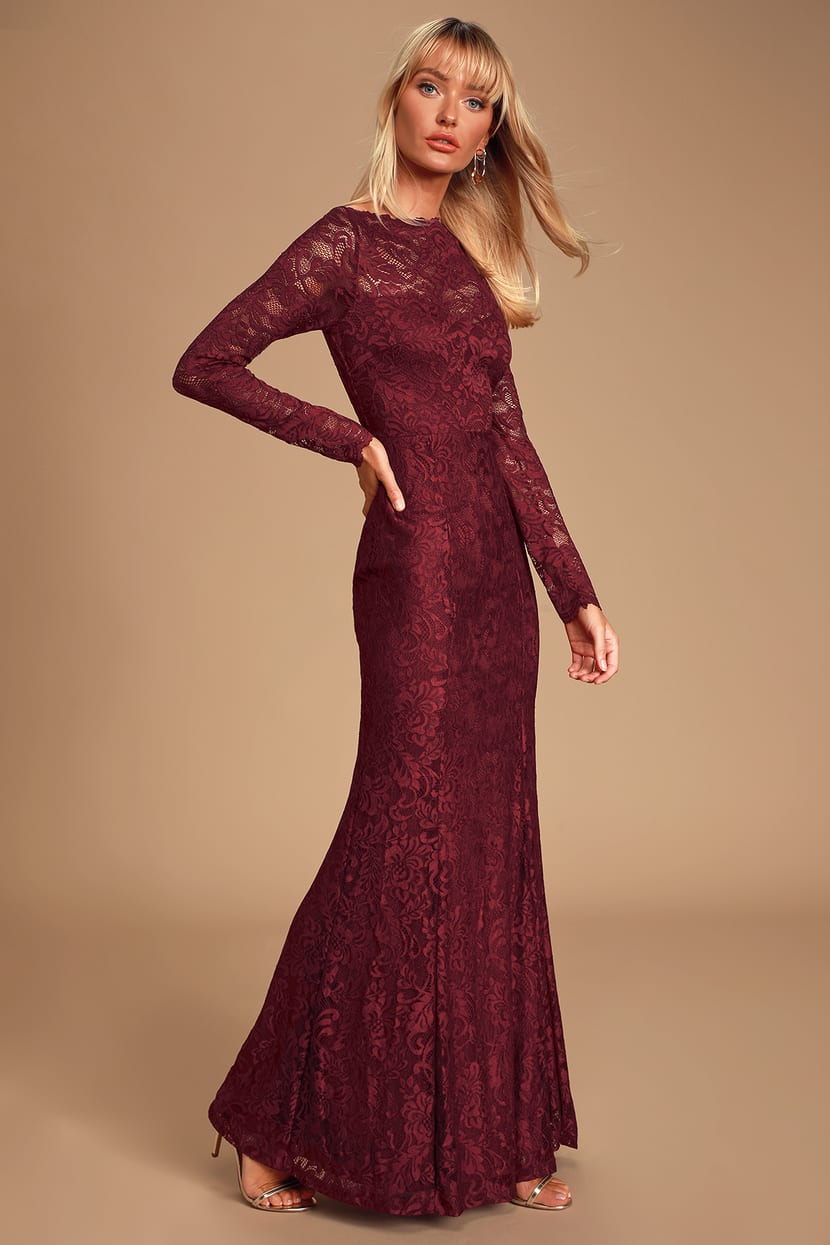 Wine Red Maxi Dress - Lace Maxi Dress - Long Sleeve Maxi - Gown - Lulus
