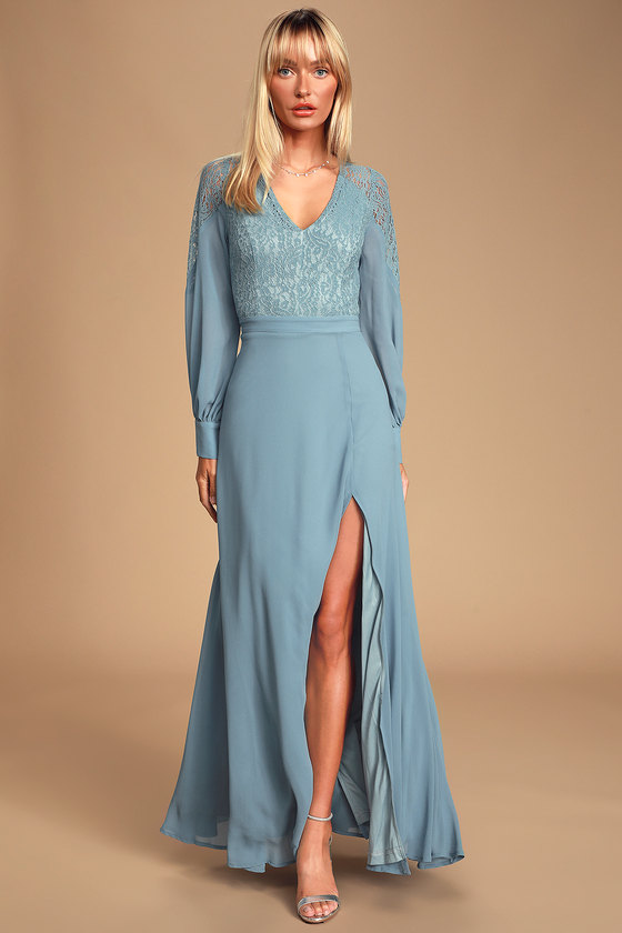 Astra Slate Blue Lace Long Sleeve Backless Maxi Dress