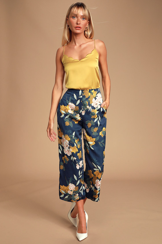 Cute Navy Blue Pants - Floral Print Pants - Satin Wide-Leg Pants - Lulus