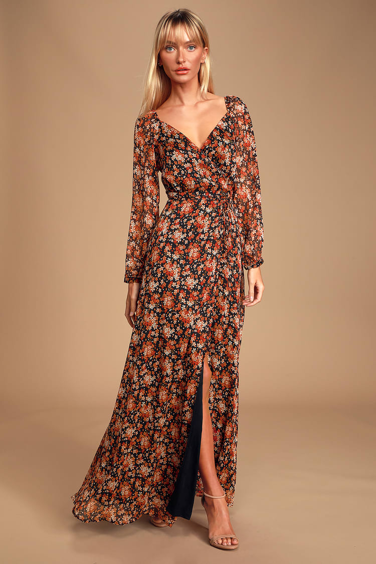 Black and Red Floral Print Dress - Tie-Front Maxi Dress - Chiffon - Lulus