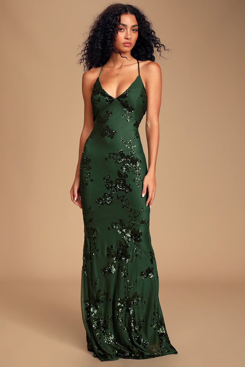 Lovely Forest Green Dress - Maxi Dress - Lace-Up Sequin Dress - Lulus