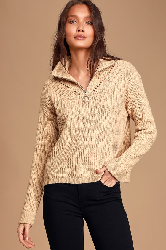 Cozy Beige Knit Sweater - Quarter-Zip Sweater - Cute Sweater Top - Lulus