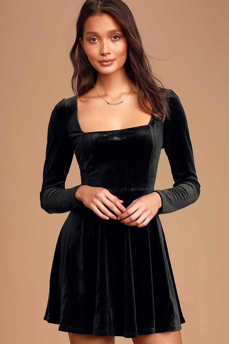 Cute Black Velvet Mini Dress - Square Neck Skater Dress - Dress - Lulus