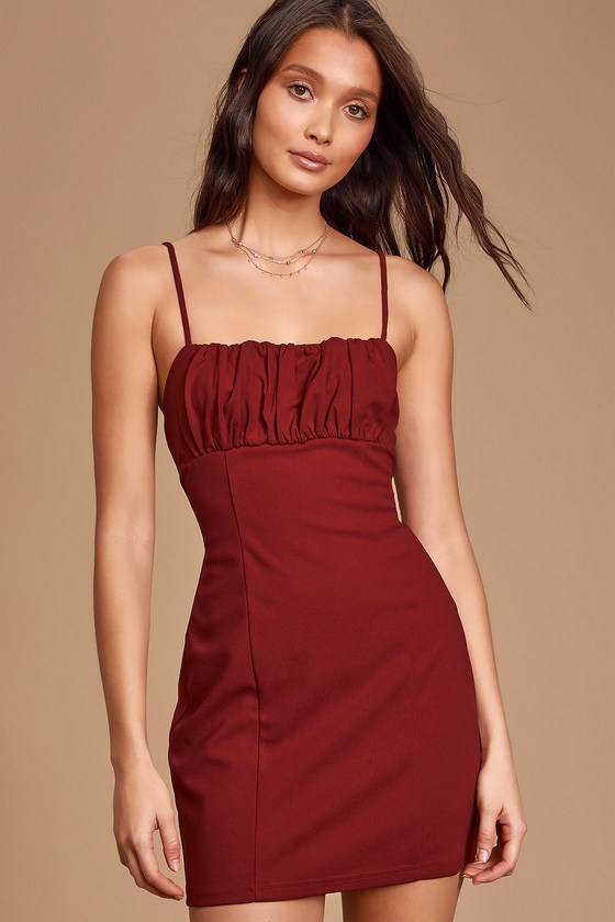 Wine Red Satin Bodycon Mini Dress | Womens | X-Large (Available in XS, S, M, L) | 100% Polyester | Lulus Exclusive | Dresses | Cocktail Dresses