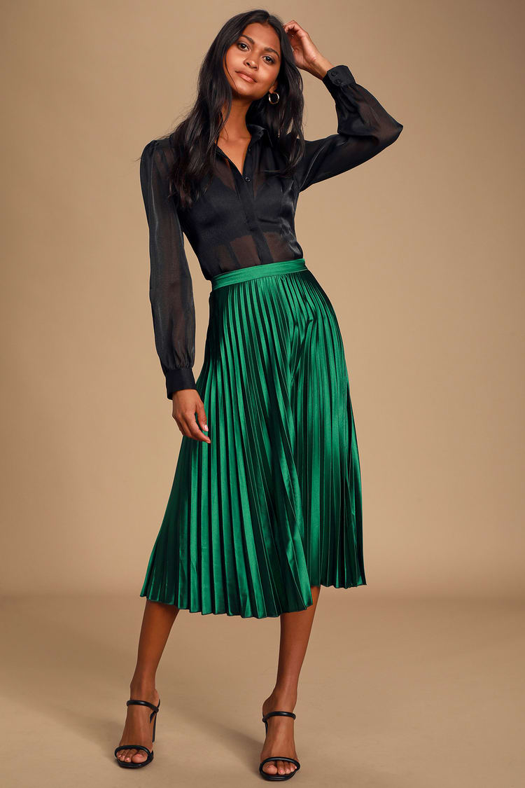Chic Emerald Green Satin Skirt - Midi Pleated Skirt - Satin Skirt - Lulus