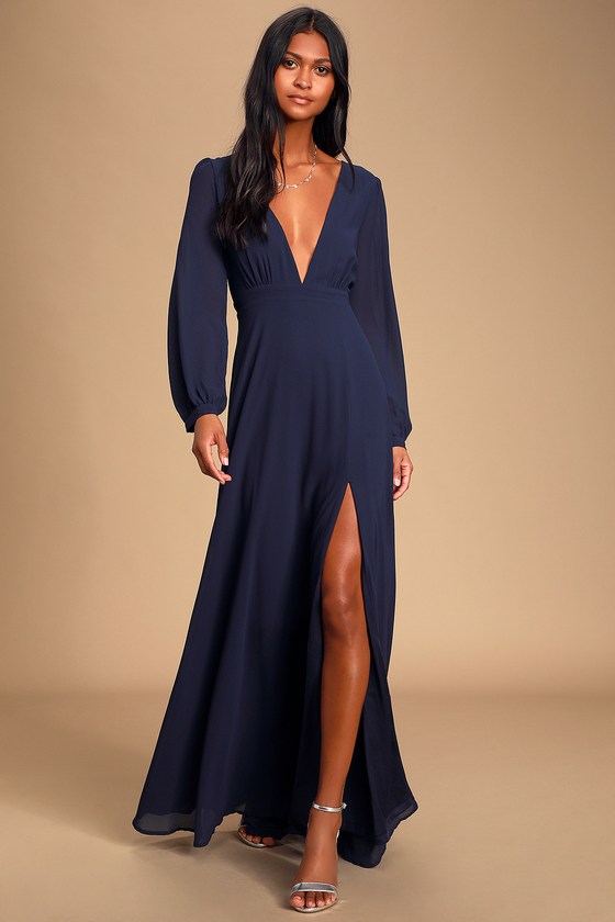 Lovely Navy Blue Gown Long Sleeve Maxi Dress Maxi Dress Lulus