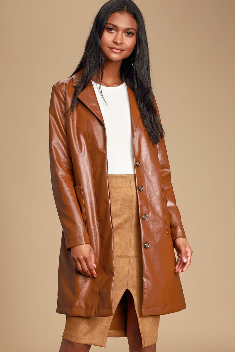 Chic Brown Trench Coat - Vegan Leather Coat - Long Coat - Lulus