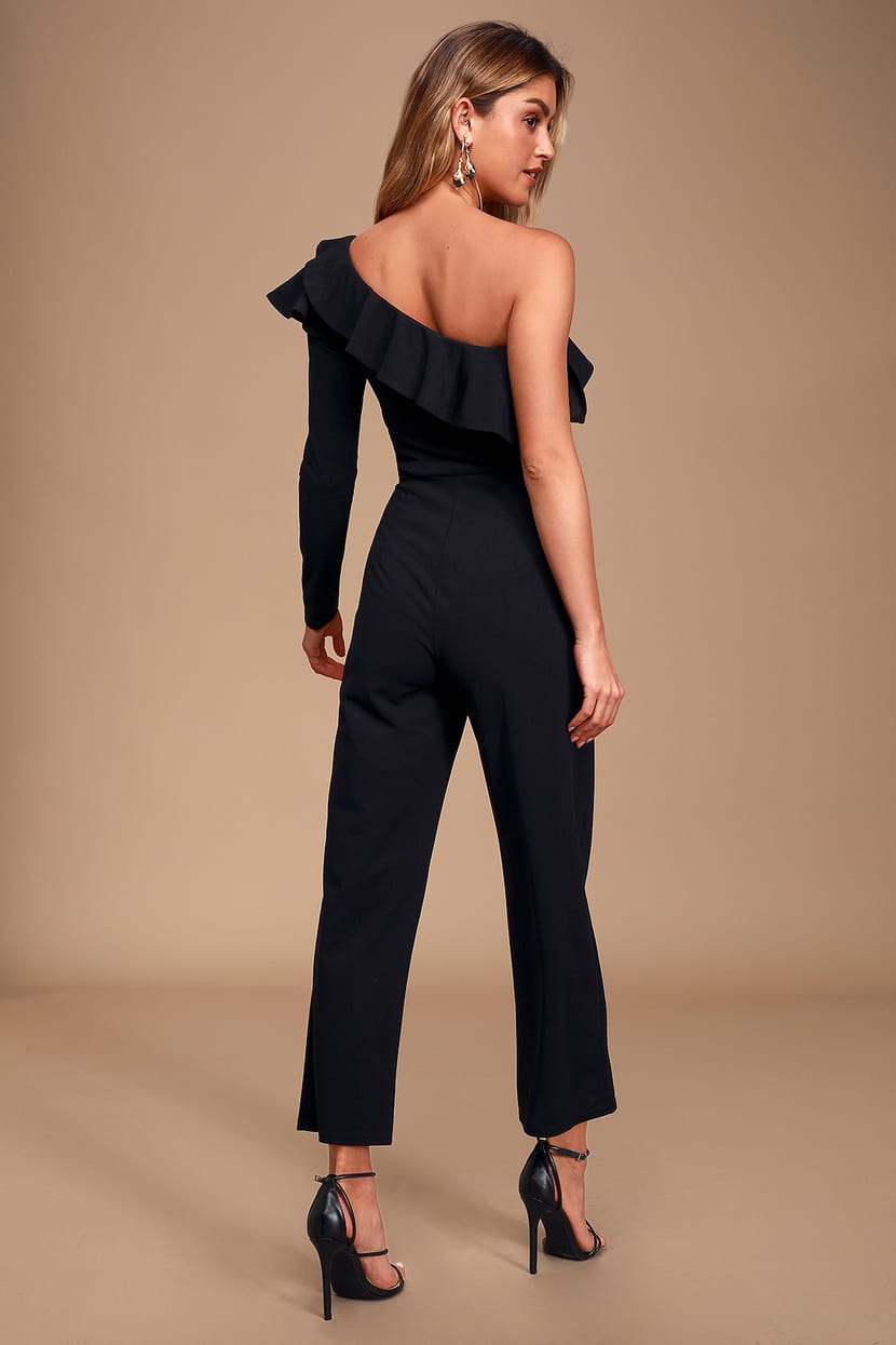 Glam Black Jumpsuit - One-Shoulder Jumpsuit - Ruffled Jumpsuit - Lulus