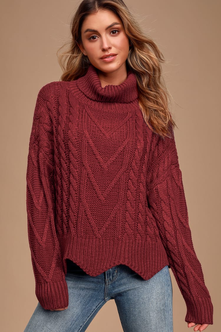 Chic Wine Red Sweater - Cable Knit Sweater - Turtleneck Sweater - Lulus
