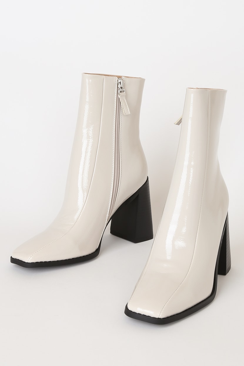 RAID Kaiya Off White - Square Toe Boots - Patent Leather Boots - Lulus