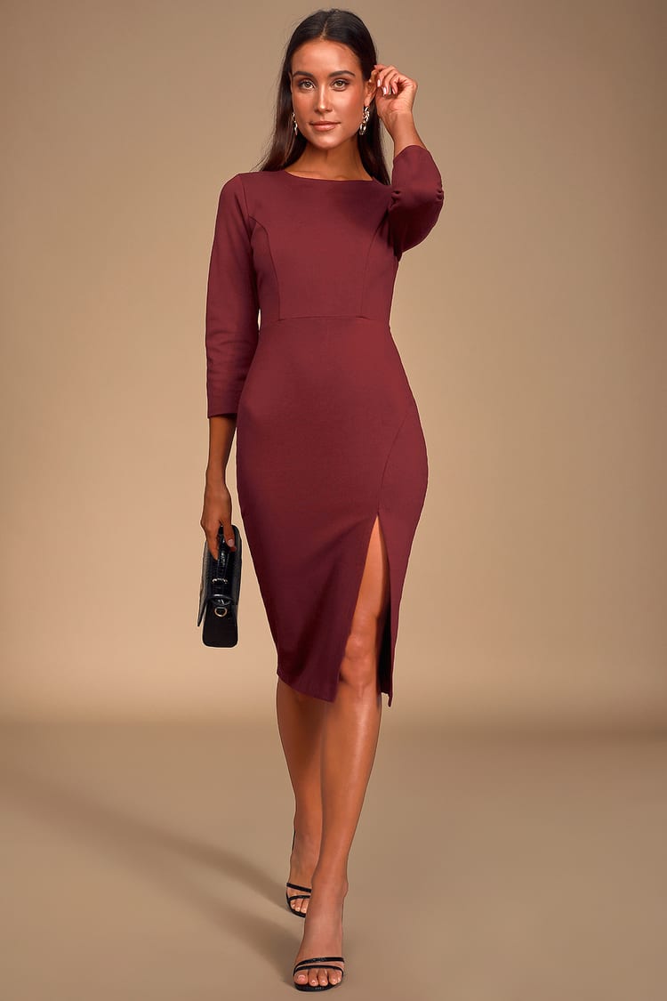 Burgundy Bodycon Dress - Midi Dress - Three-Quarter Sleeve Dress - Lulus