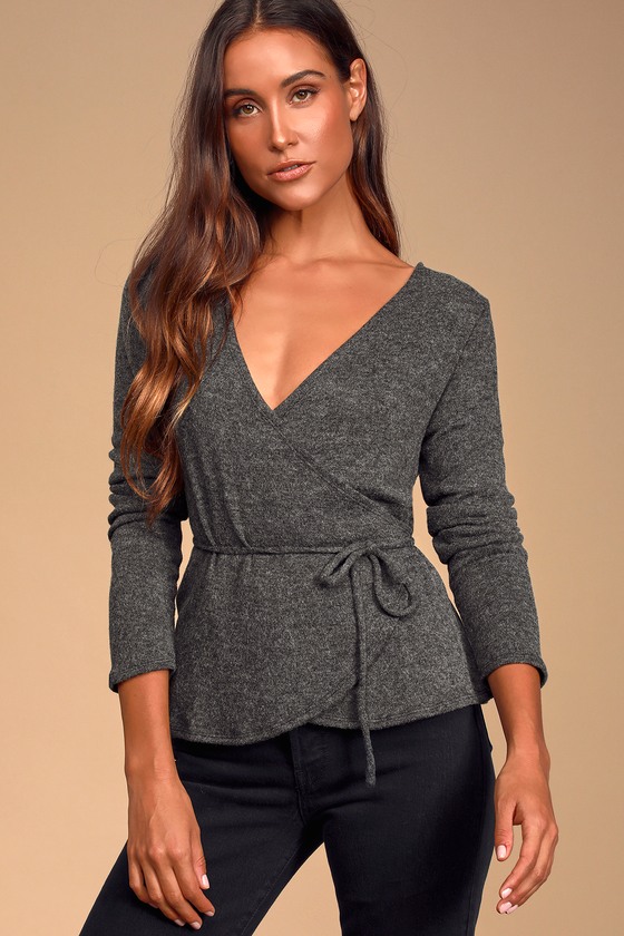 Cute Heathered Grey Top - Wrap Top - Long Sleeve Knit Top - Lulus