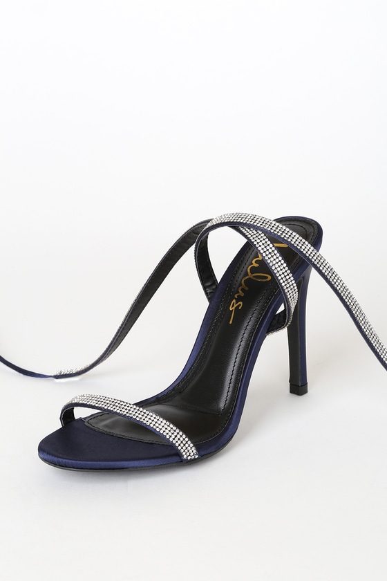 Gwyneth Navy Blue Satin Rhinestone Lace Up Heels