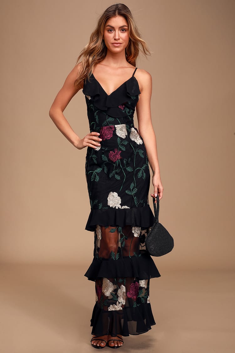 Black Floral Embroidered Maxi - Tiered Maxi - Ruffled Maxi Dress - Lulus