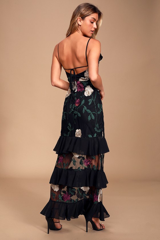 Black Floral Embroidered Maxi - Tiered Maxi - Ruffled Maxi Dress - Lulus