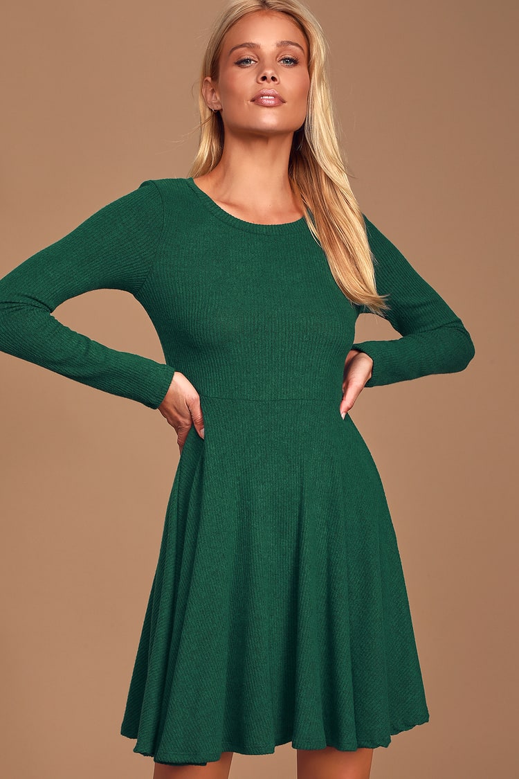 Cute Green Dress - Long Sleeve Skater Dress - Ribbed Knit Dress - Lulus