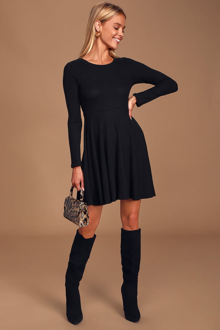 Cute Black Dress - Long Sleeve Skater Dress - Ribbed Knit Dress - Lulus