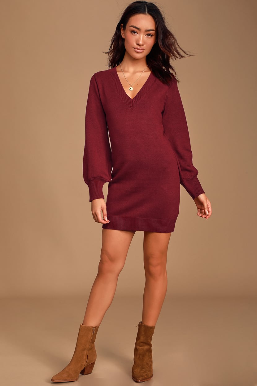 Wine Red Sweater Dress - V-Neck Sweater Dress - Long Sleeve Dress - Lulus
