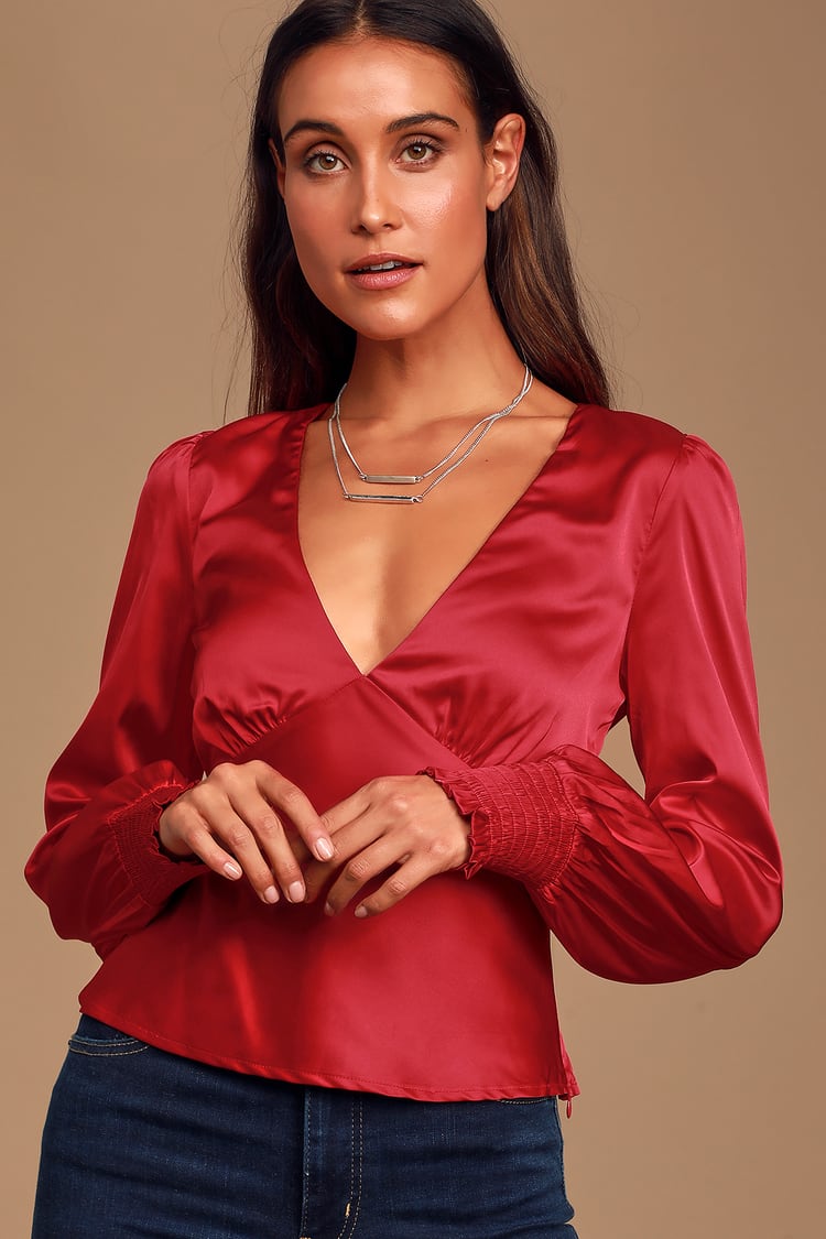 Wine Red Satin Top - Long Sleeve Blouse - Chic V-Neck Blouse - Lulus