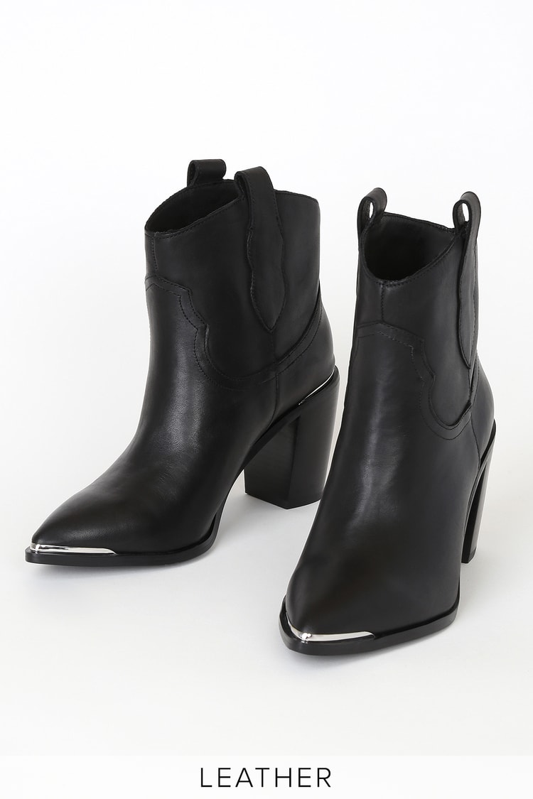 Steve Madden Zora - Black Leather Boots - Pointed-Toe Booties - Lulus
