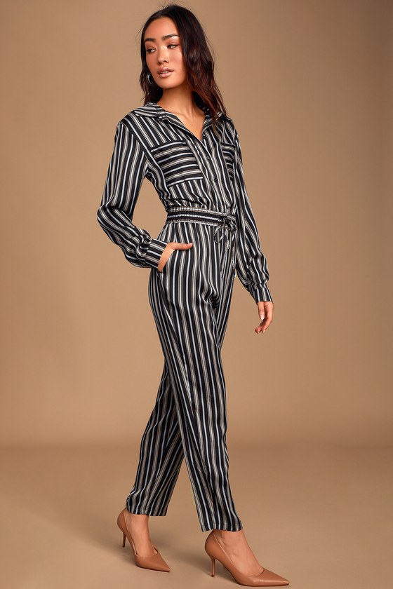 Black Striped Jumpsuit - Collared Jumpsuit - Button-Up Jumpsuit - Lulus