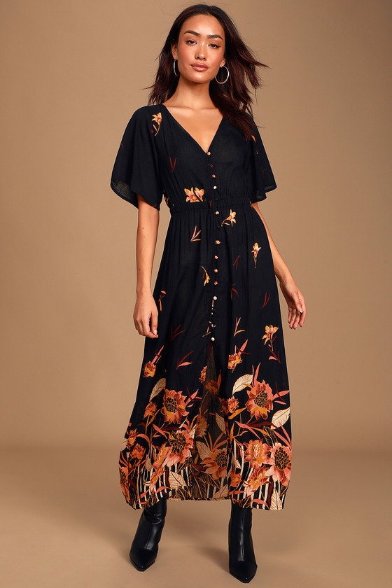Billabong Autumn Breeze Dress - Black Floral Print Maxi Dress - Lulus