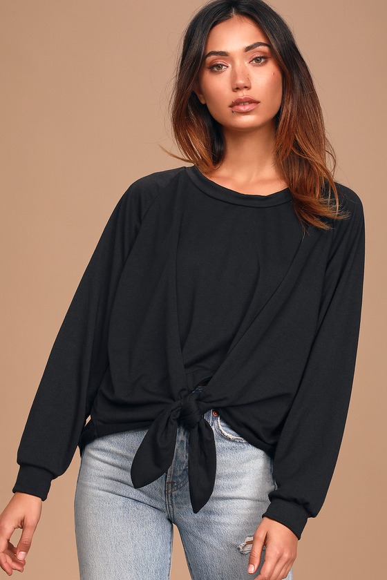 Always Ambitious Black Pullover Tie Front Sweatshirt