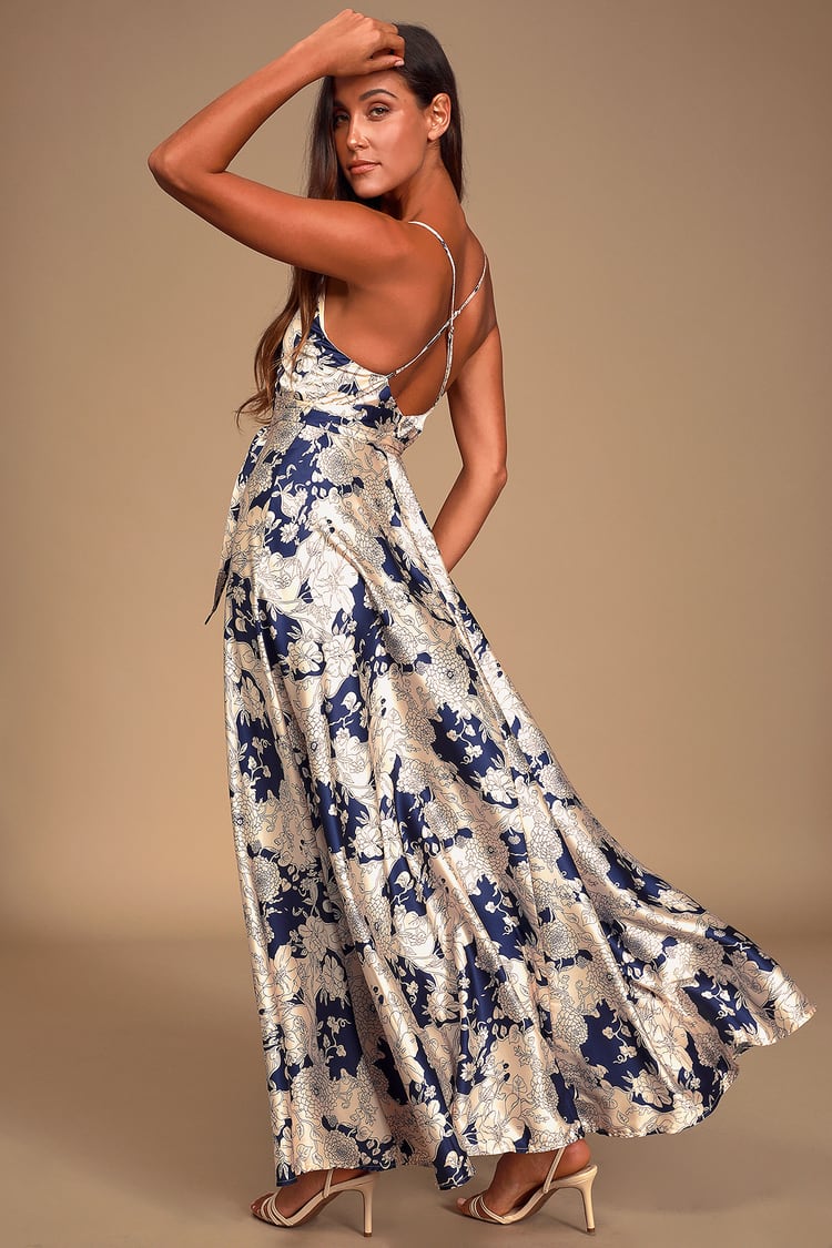 Sexy Satin Maxi Dress - Floral Print Maxi - Navy Blue Dress - Lulus