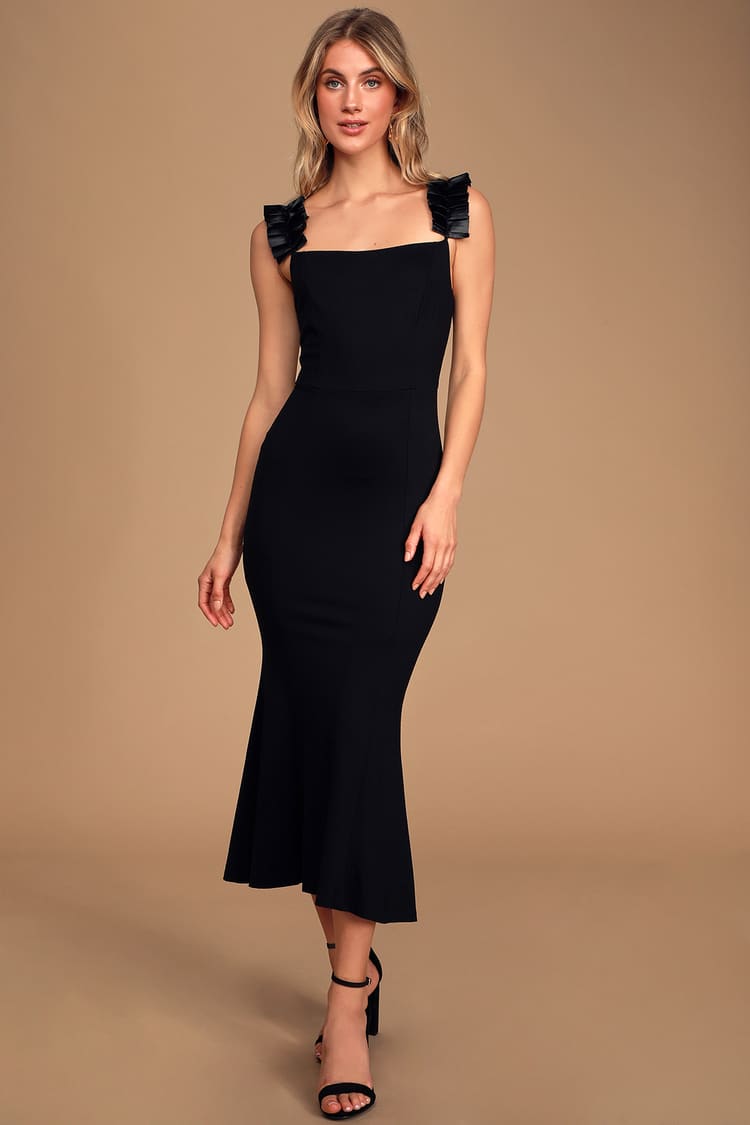 Pretty Black Bodycon - Mermaid Midi Dress - Pleated Satin - Lulus