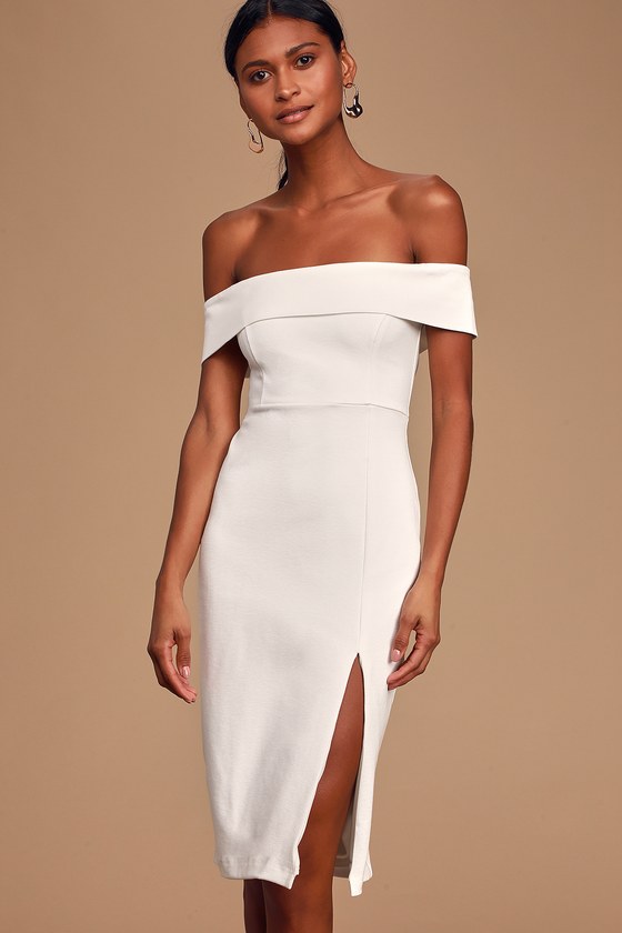 Chic White OTS Dress - Off-The-Shoulder Midi Dress - Midi Dress - Lulus