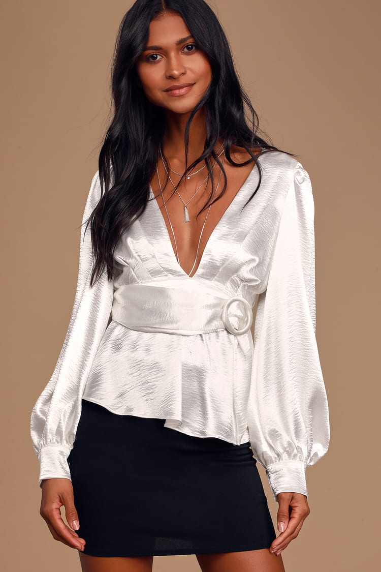 Sexy White Top - White Satin Top - Belted Top - V-Neck Blouse - Lulus