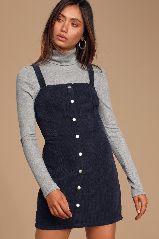 Cute Blue Corduroy Dress - Button Front Mini Dress - Square Neck - Lulus