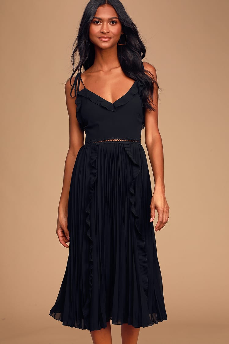 Cute Black Dress Tie-Strap Dress - Pleated Dress - Midi Dress - Lulus