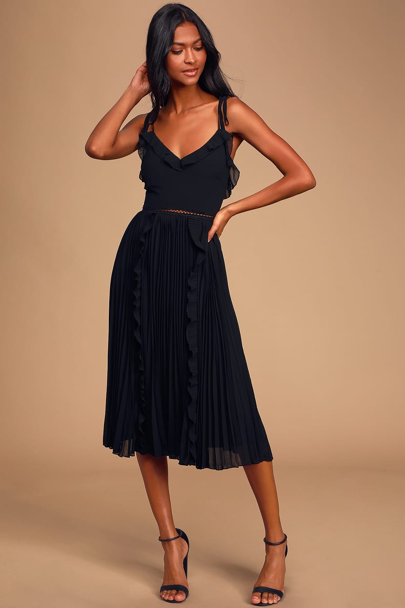 Cute Black Dress Tie-Strap Dress - Pleated Dress - Midi Dress - Lulus