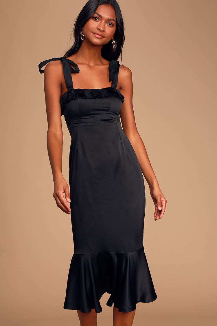 Chic Black Satin Pleated Dress - Tie-Strap Midi Dress - Dress - Lulus