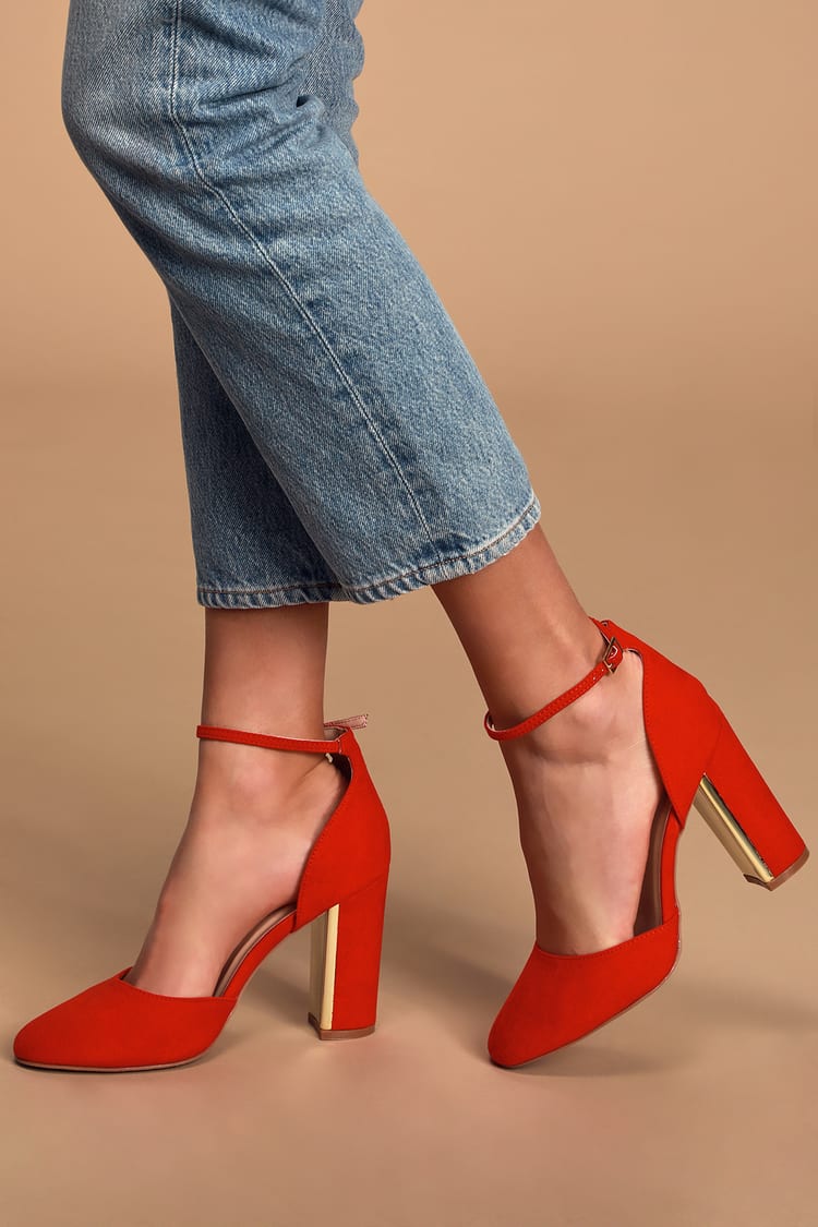 Chic Red Suede Heels - Ankle Strap Heels - Block Heels - Lulus