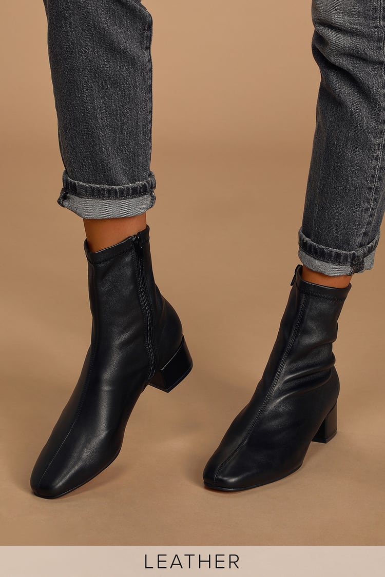 Black Mid-Calf Boots - Leather Sock Boots - Square Toe Boots - Lulus