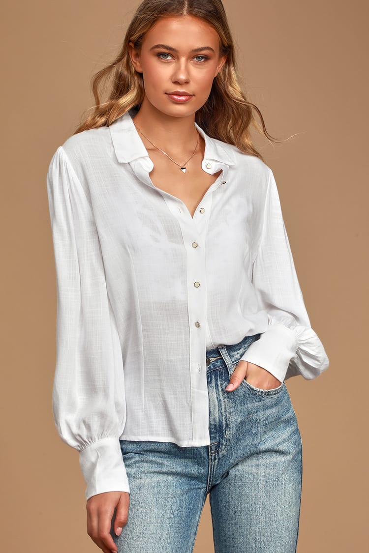 Cute White Top - Button-Up Top - Puffy Long Sleeve Top - Lulus