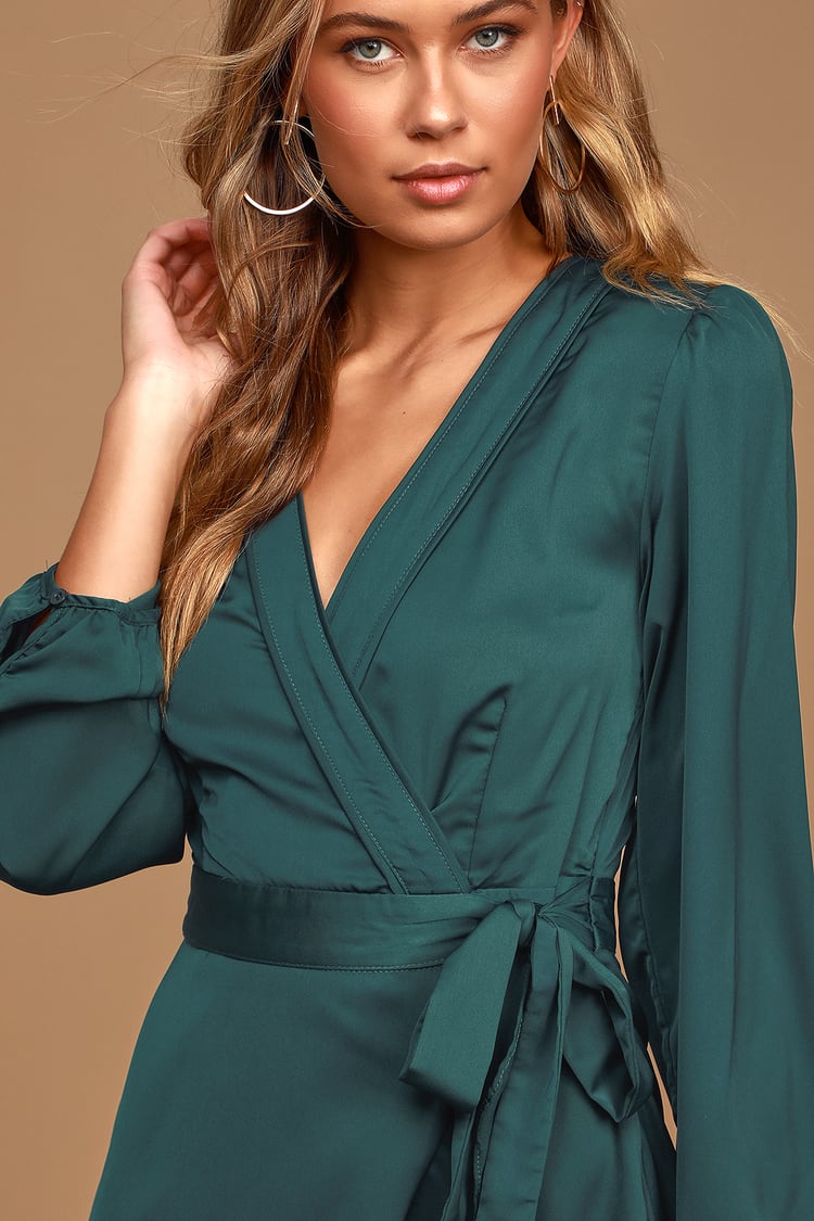 Chic Green Dress - Long Sleeve Wrap Dress - Satin Wrap Dress - Lulus