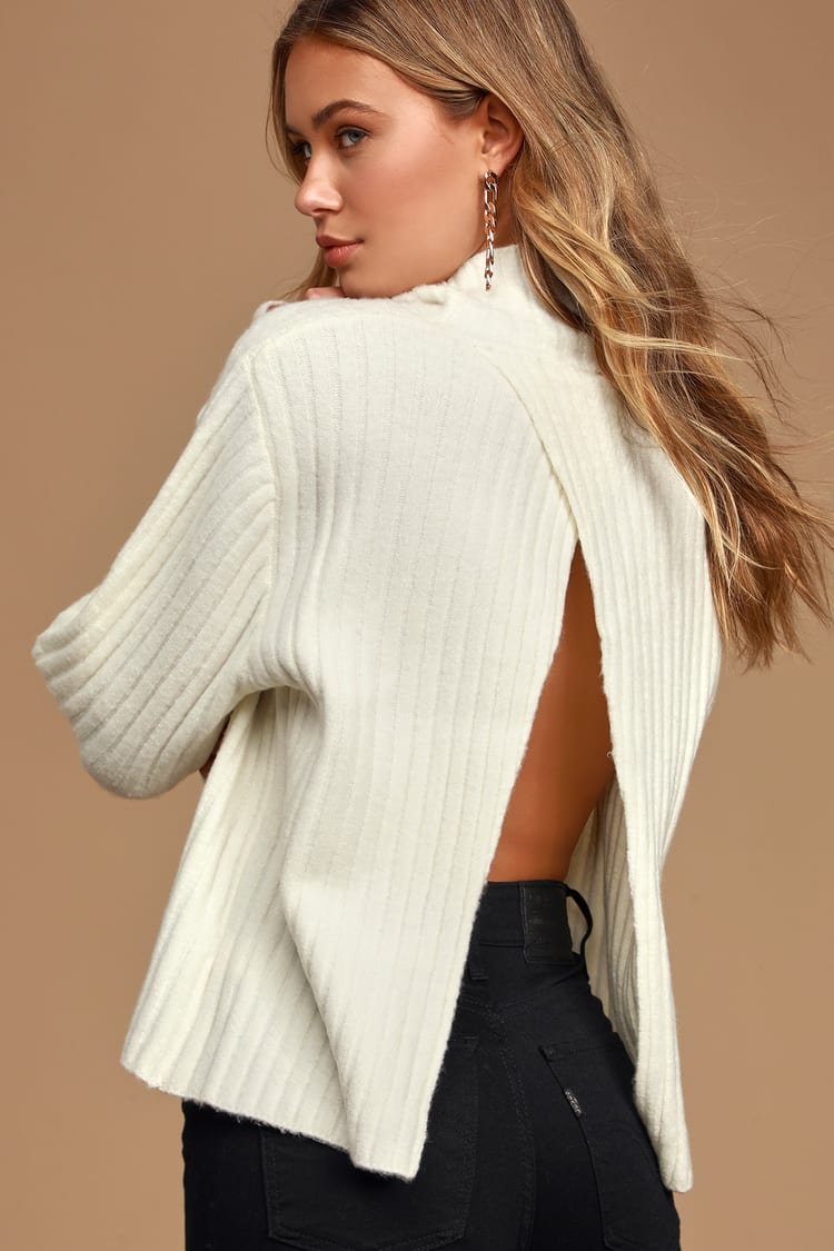 All Set White Ribbed Knit Backless Turtleneck Sweater