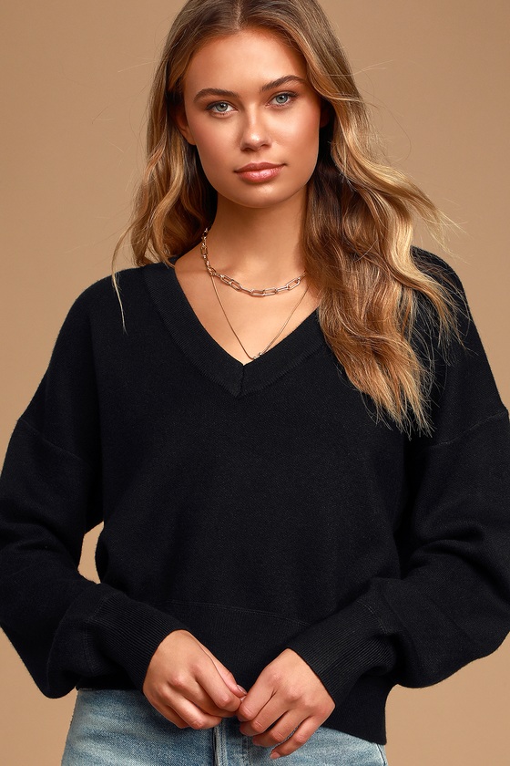 Cozy Black Sweater - V-Neck Sweater - Drop Shoulder Sweater - Lulus