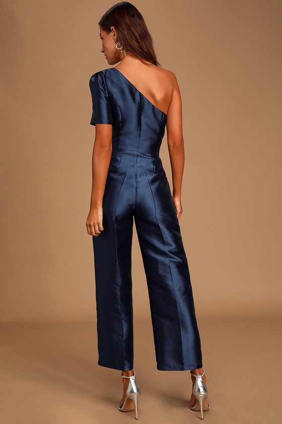 Chic Navy Blue Jumpsuit Satin Jumpsuit One Shoulder Jumpsuit 