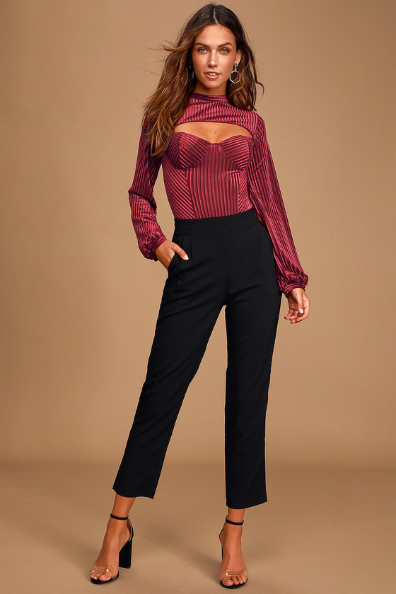 Always Alluring Burgundy Striped Velvet Cutout Bustier Bodysuit