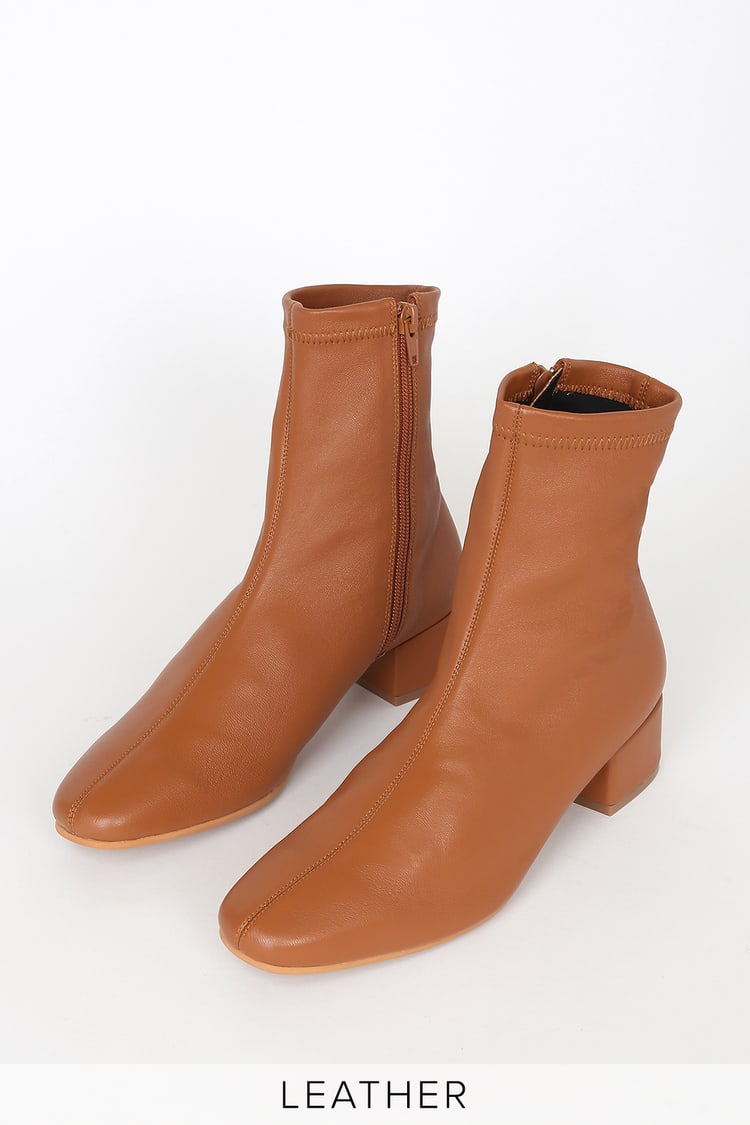 Cognac Mid-Calf Boots - Leather Sock Boots - Square Toe Boots - Lulus