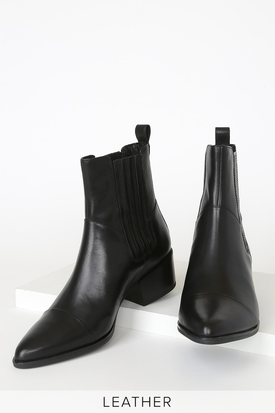 pointed black leather boots