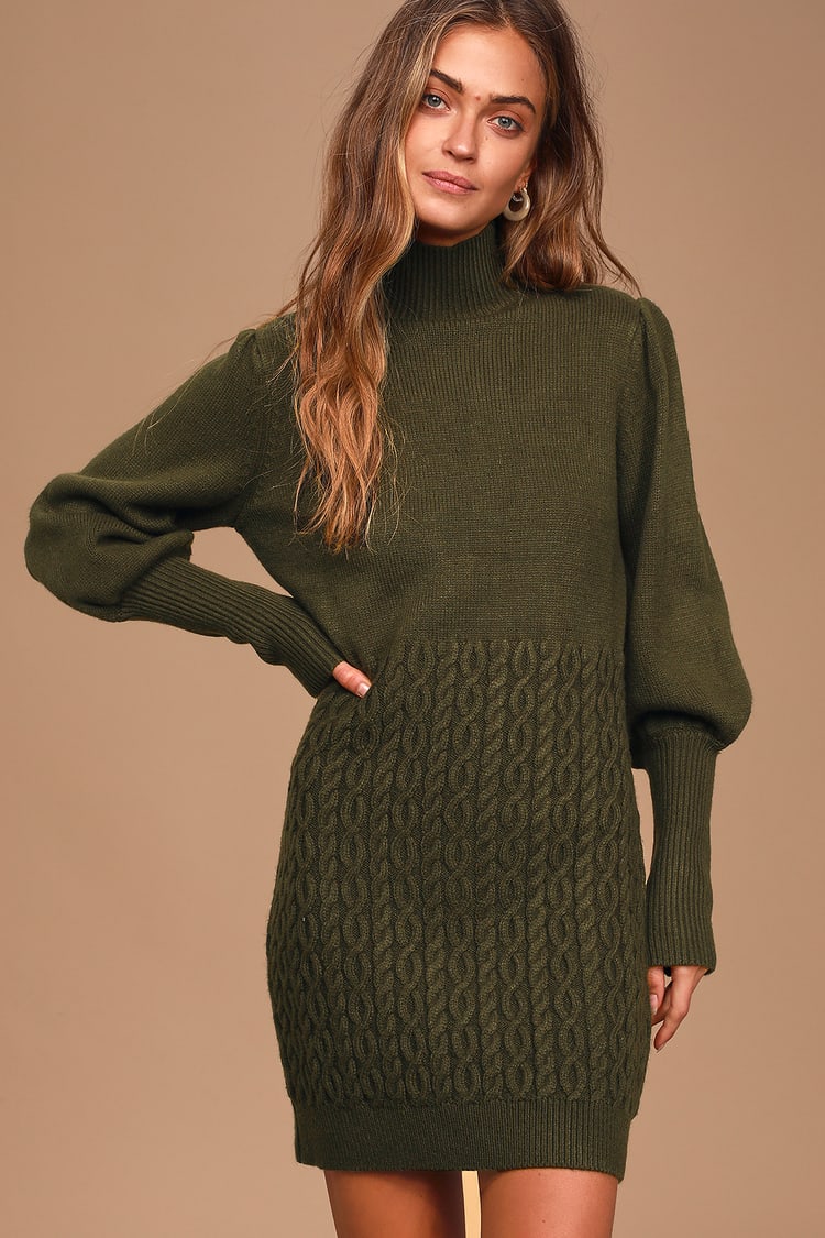 Cute Green Sweater Dress - Turtleneck Mini Dress - Knit Dress - Lulus