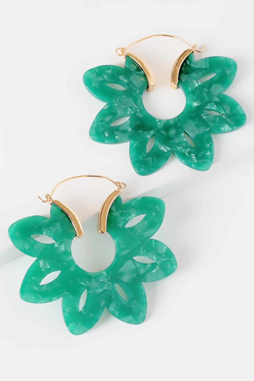Blue & Green 30MM Resin Floral Hoop Earrings