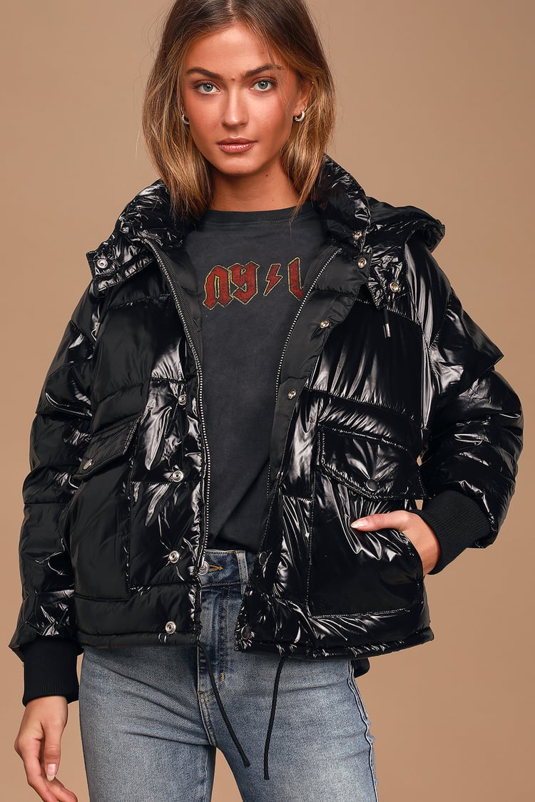 Chic Shiny Black Jacket - Puffer Jacket - Coat - Hooded Jacket - Lulus