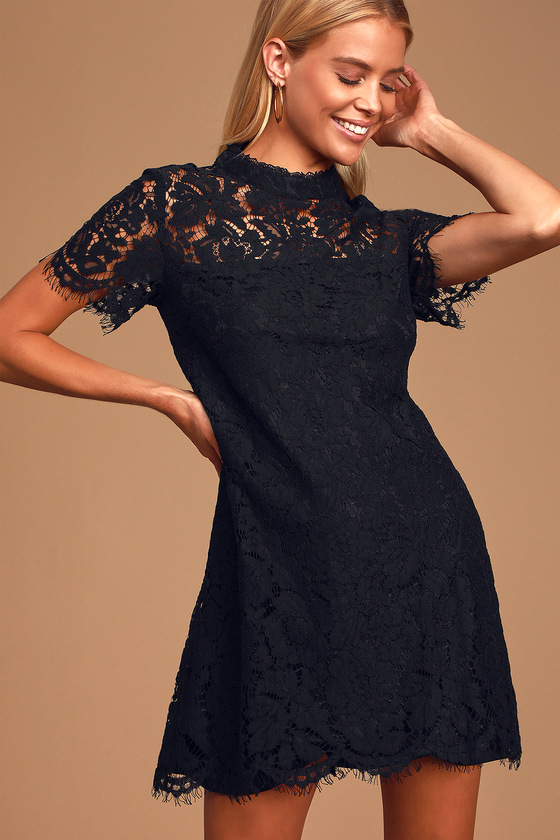 Cute Black Lace Dress - Shift Dress - Short Sleeve Dress - LBD - Lulus